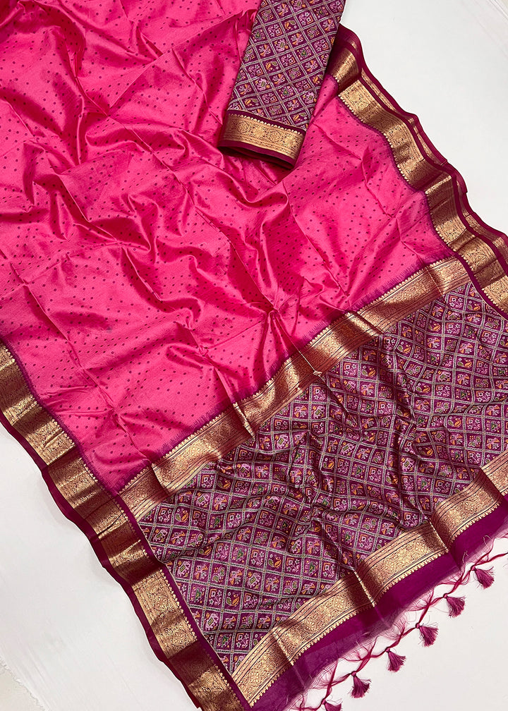 Hot Pink Patola Silk Saree with Intricate Handloom Work