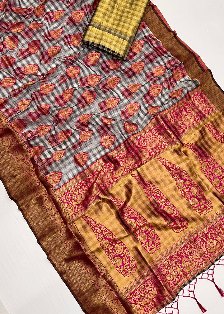 Grey & Pink Checkered Silk Saree with Zari Woven Buttas