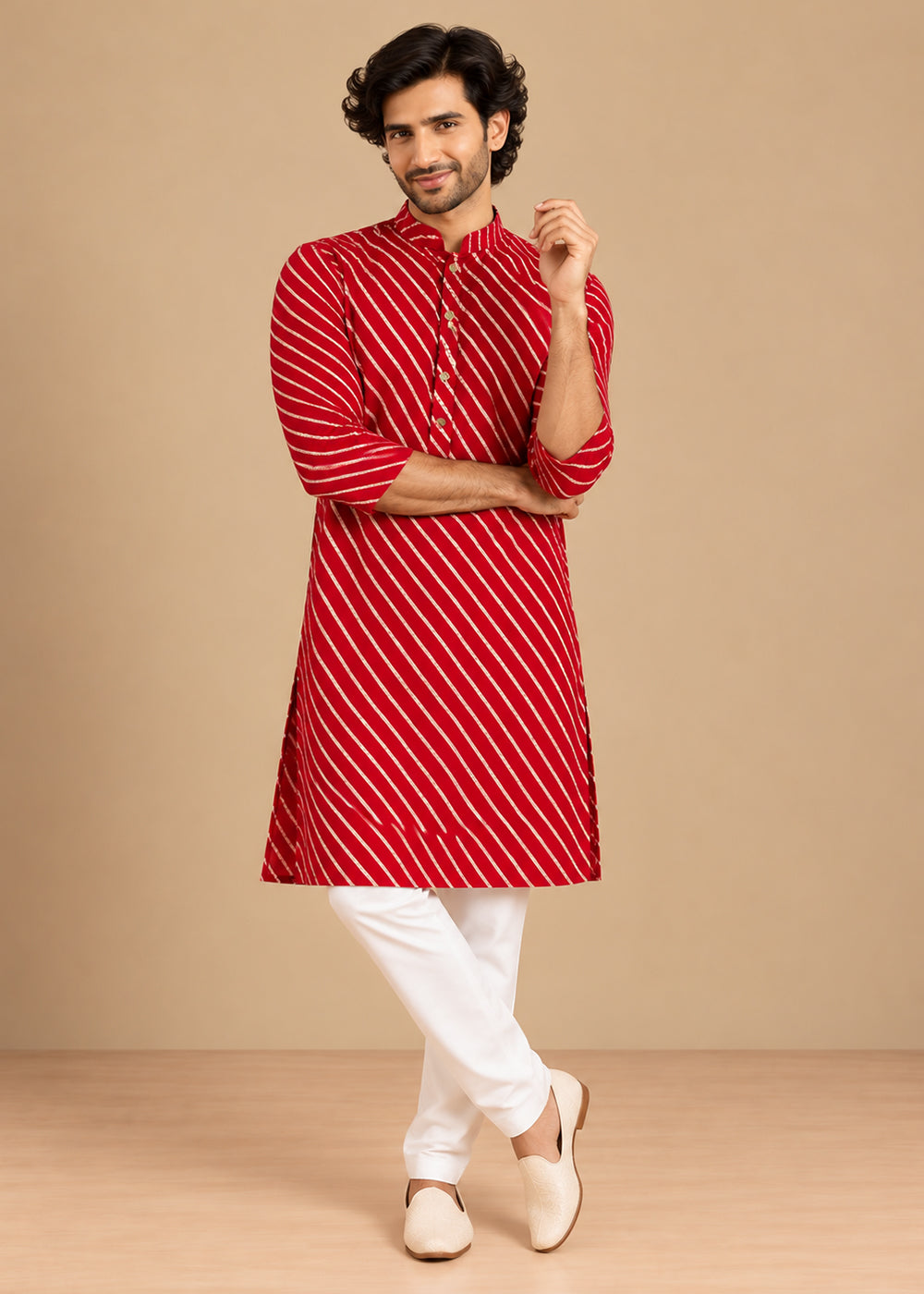 Red Rayon Digital Print Knee Length Kurta for Men