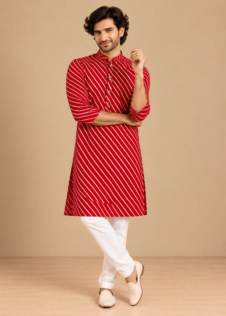 Red Rayon Digital Print Knee Length Kurta for Men