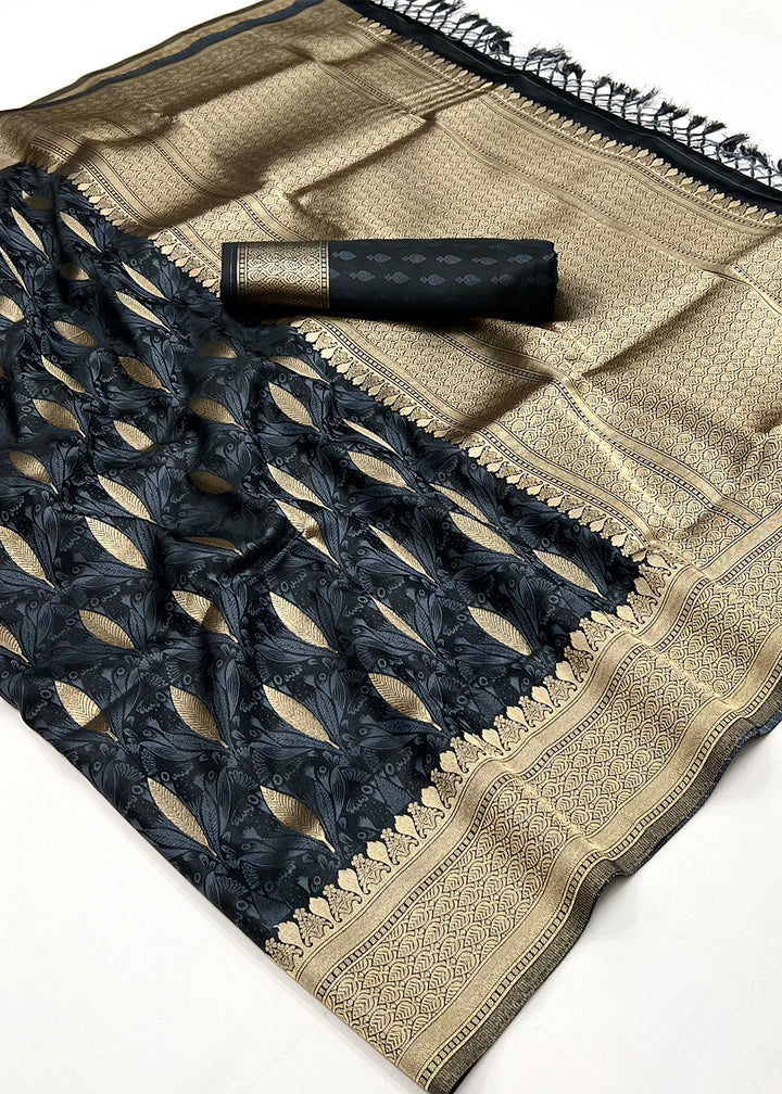 Charcoal Black Handloom Satin Silk Saree Featuring Buttis All Over