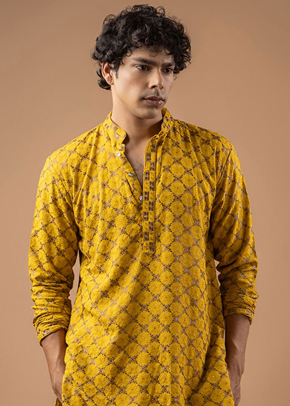 Gold Yellow Rayon Kurta with Circular Motif Embroidery