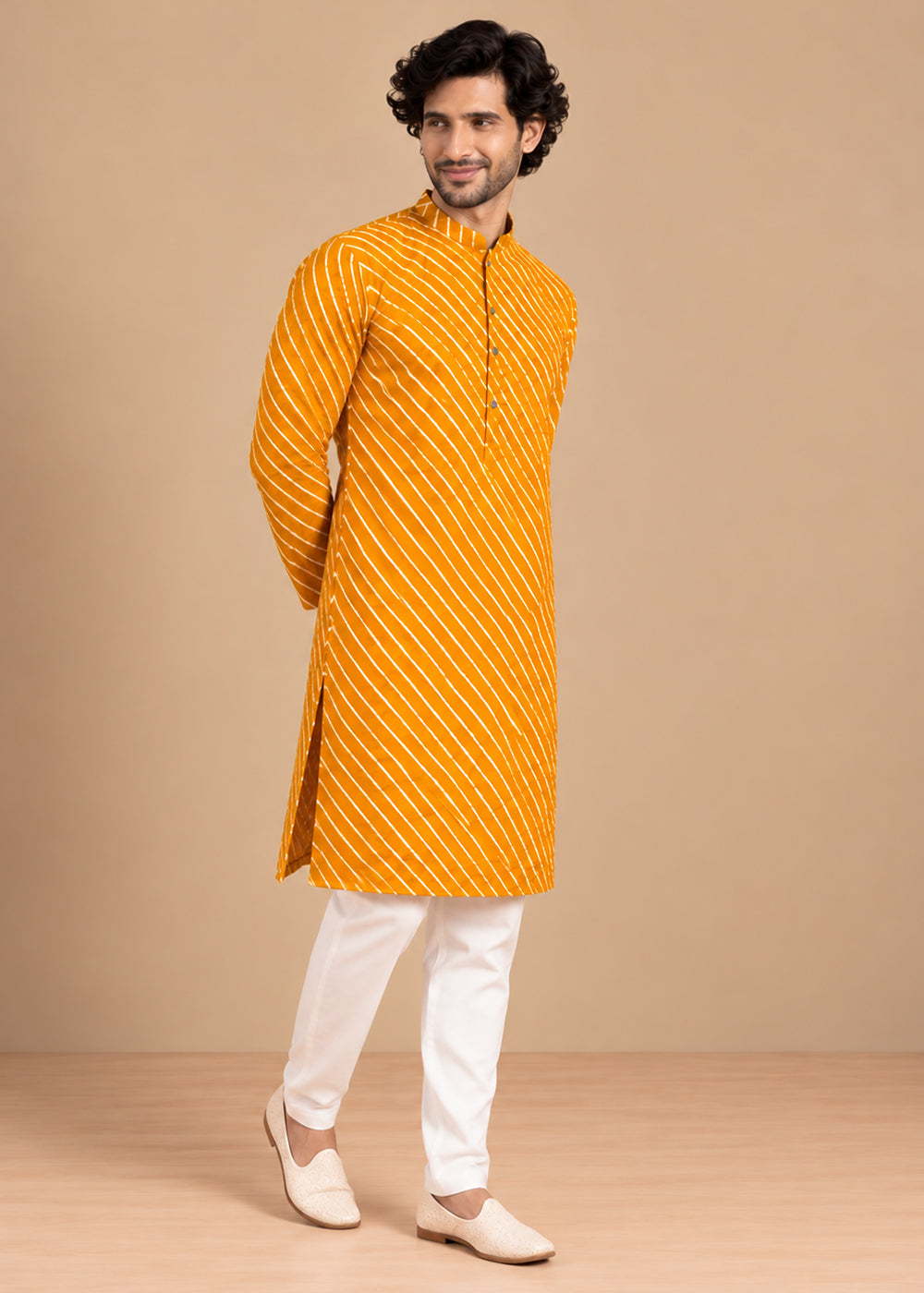 Mustard Rayon Digital Print Knee Length Kurta for Men