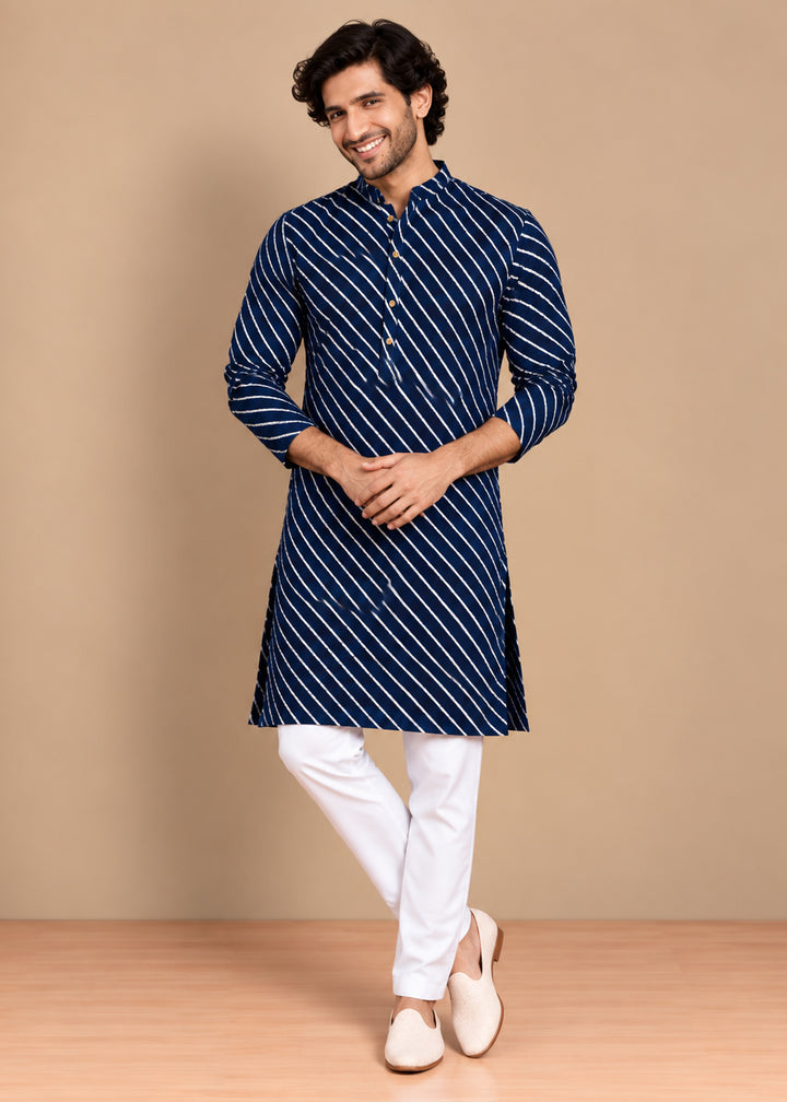 Navy Blue Rayon Digital Print Knee Length Kurta for Men