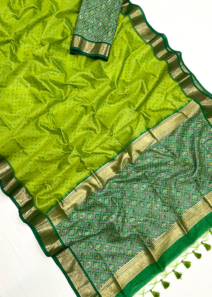 Lawn Green Patola Silk Saree with Intricate Handloom Work