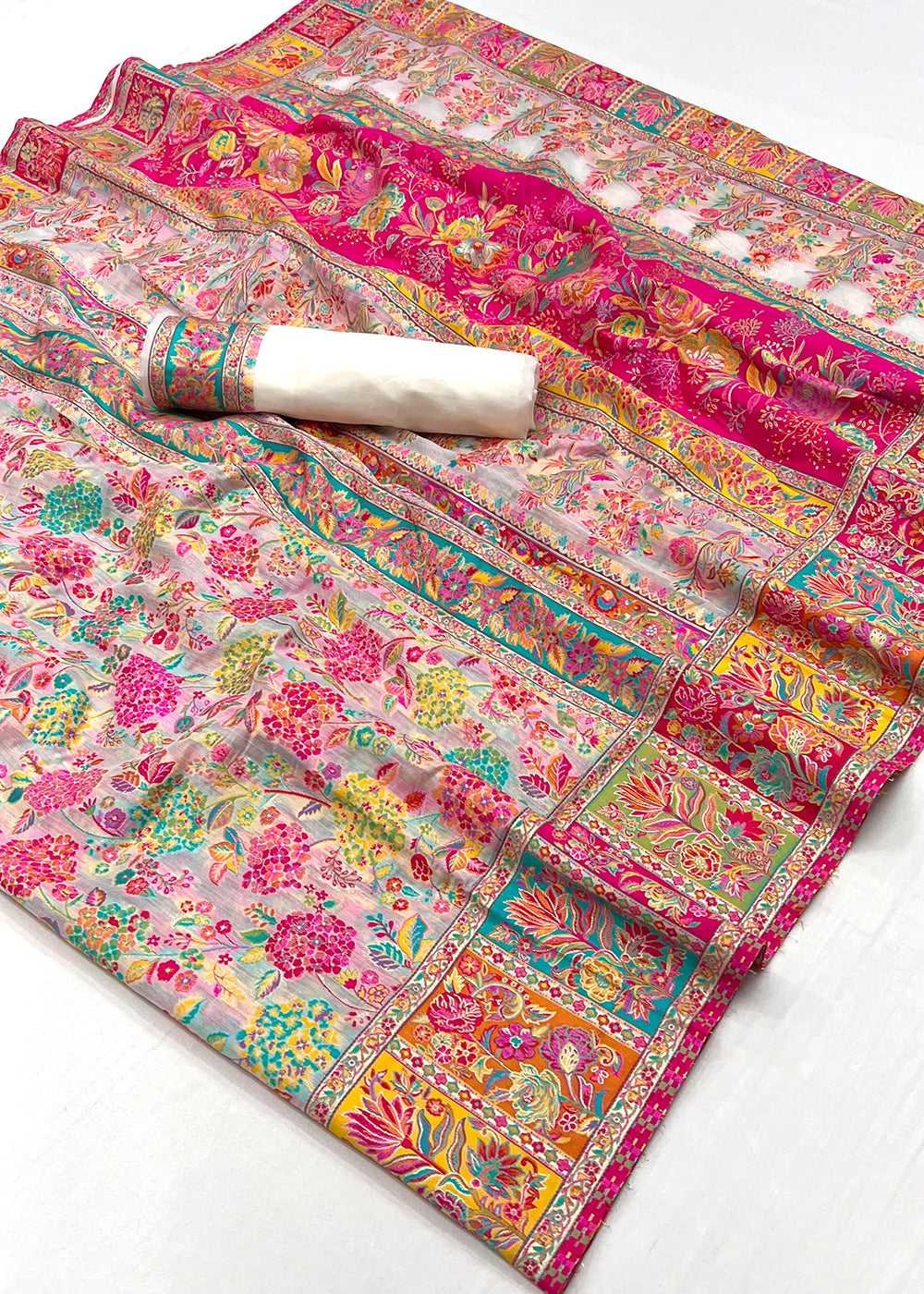 Daisy White & Pink Banarasi Silk Saree Featuring Kashmiri Handloom Weaving