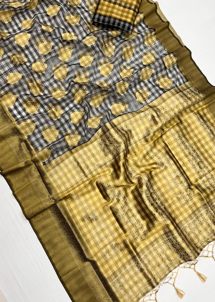 Grey & Mustard Yellow Checkered Silk Saree with Zari Woven Buttas