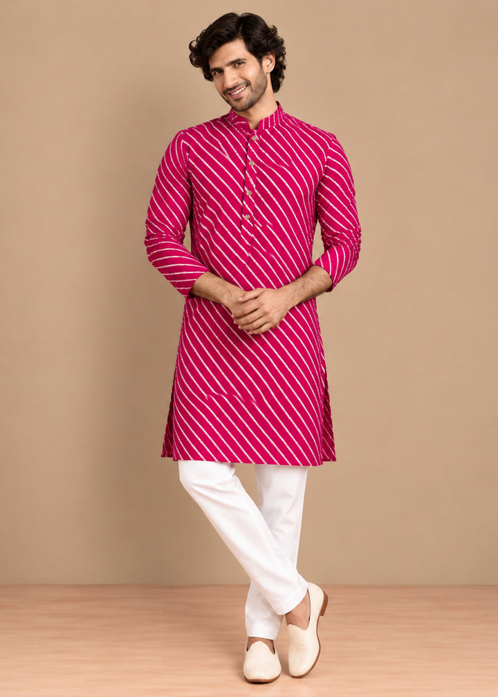 Fuchsia Rayon Digital Print Knee Length Kurta for Men