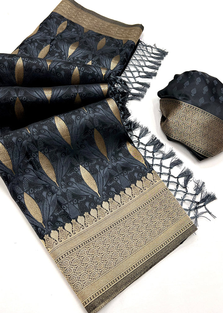 Charcoal Black Handloom Satin Silk Saree Featuring Buttis All Over