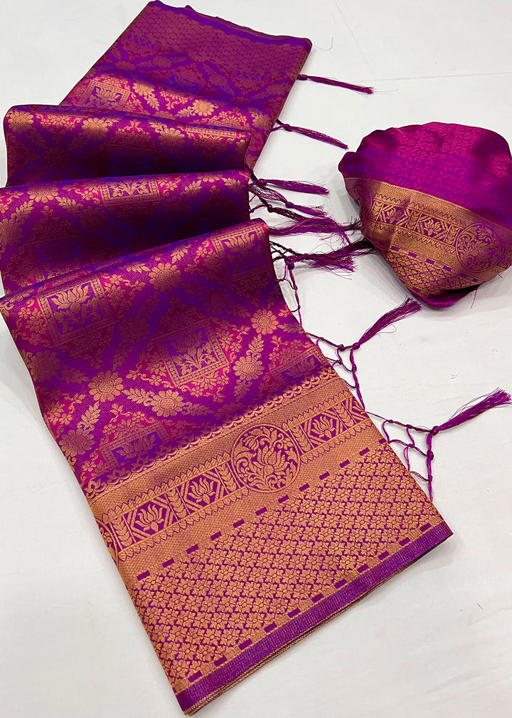 Fandango Purple Dual Tone Kanjivaram Silk Saree Featuring Traditional Handloom Weave