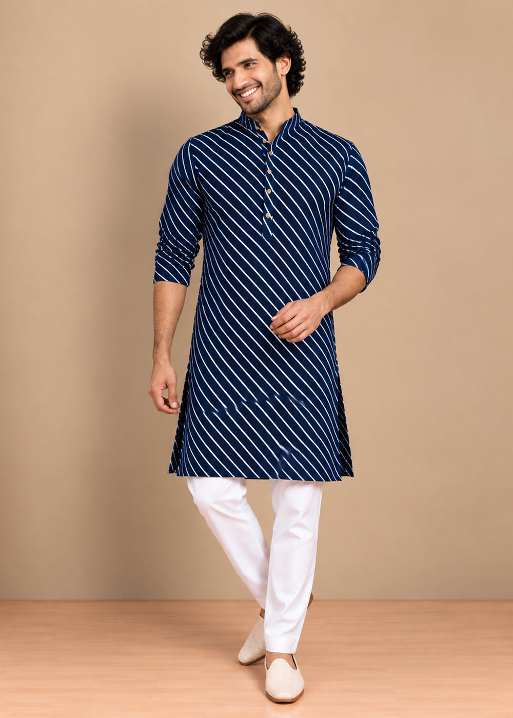 Navy Blue Rayon Digital Print Knee Length Kurta for Men