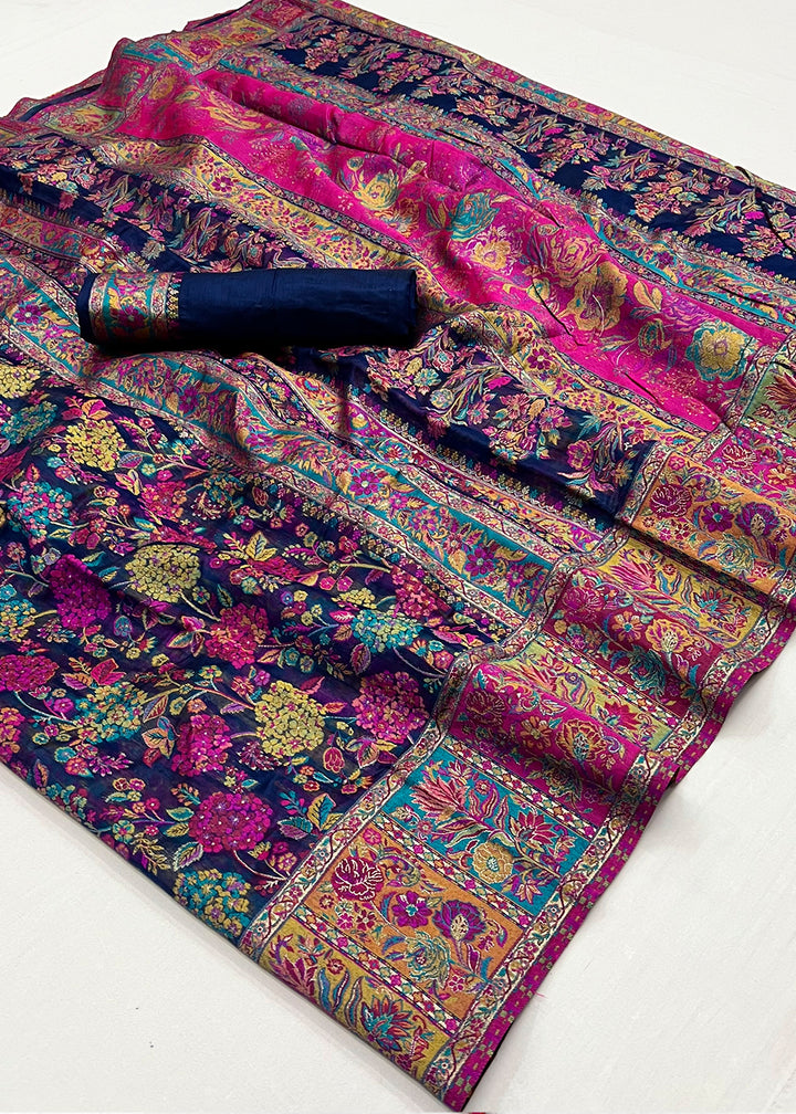 Berry Blue Banarasi Silk Saree Featuring Kashmiri Handloom Weaving