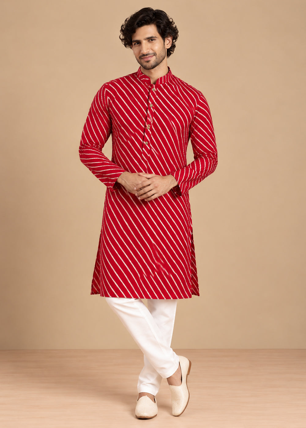 Red Rayon Digital Print Knee Length Kurta for Men