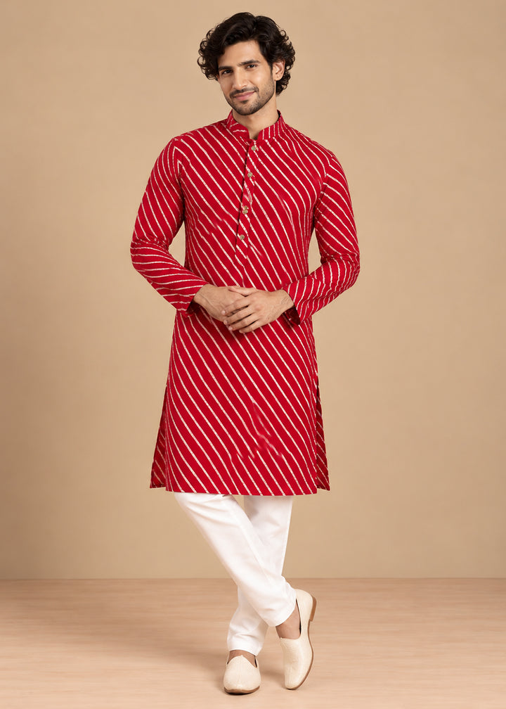 Red Rayon Digital Print Knee Length Kurta for Men