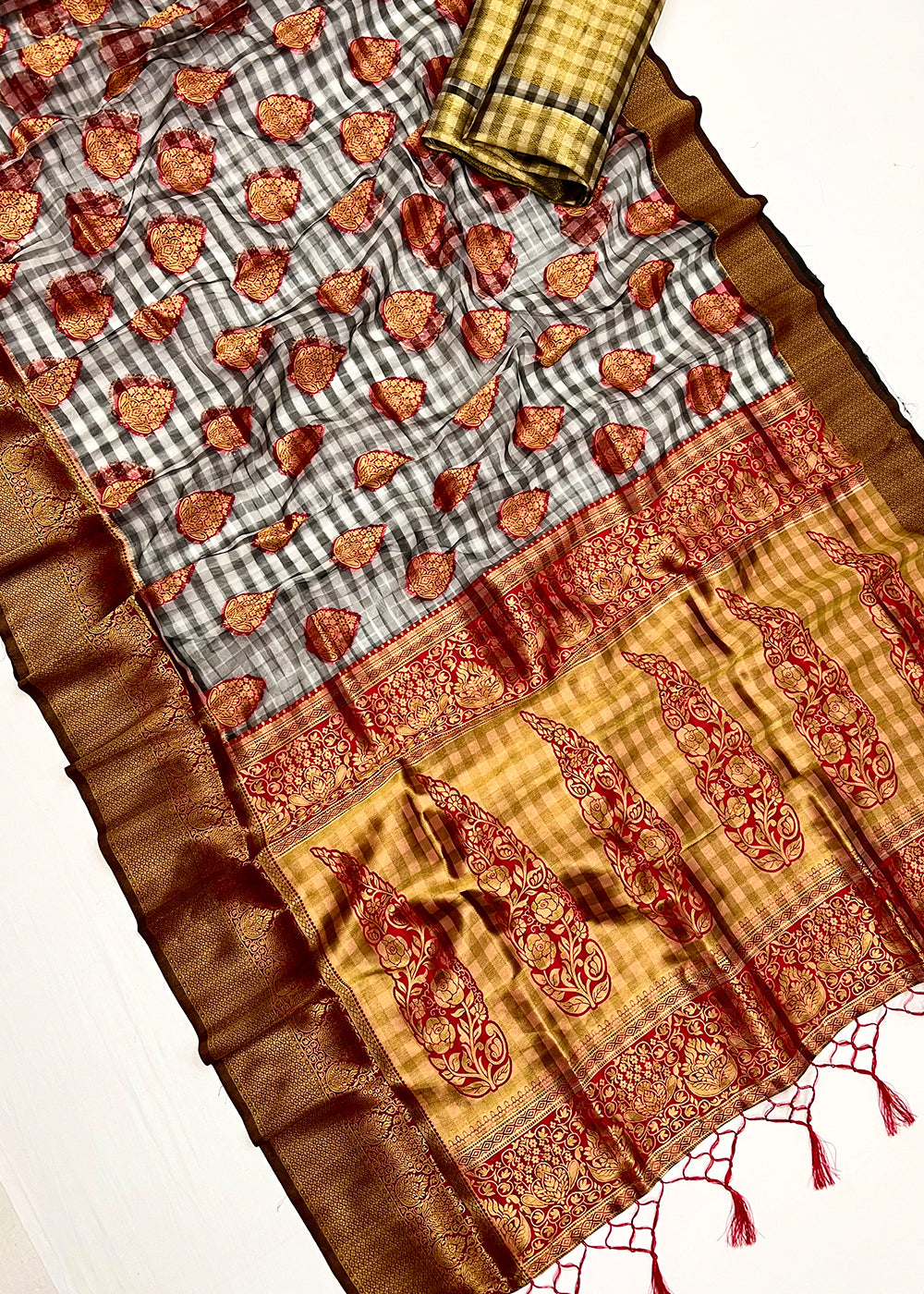 Grey & Orange Checkered Silk Saree with Zari Woven Buttas