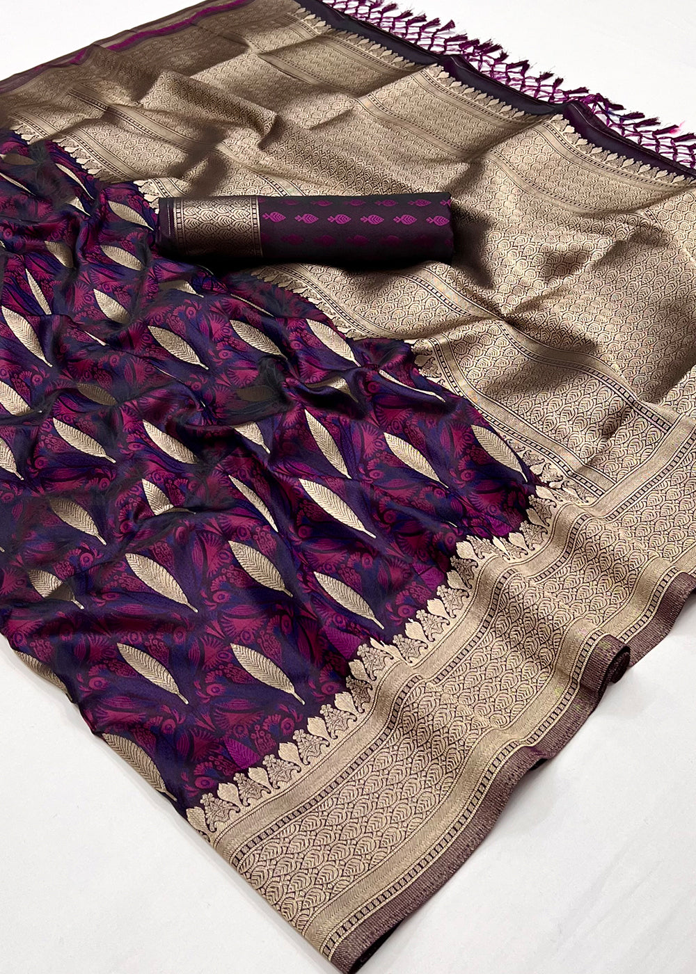 Grape Purple Handloom Satin Silk Saree Featuring Buttis All Over