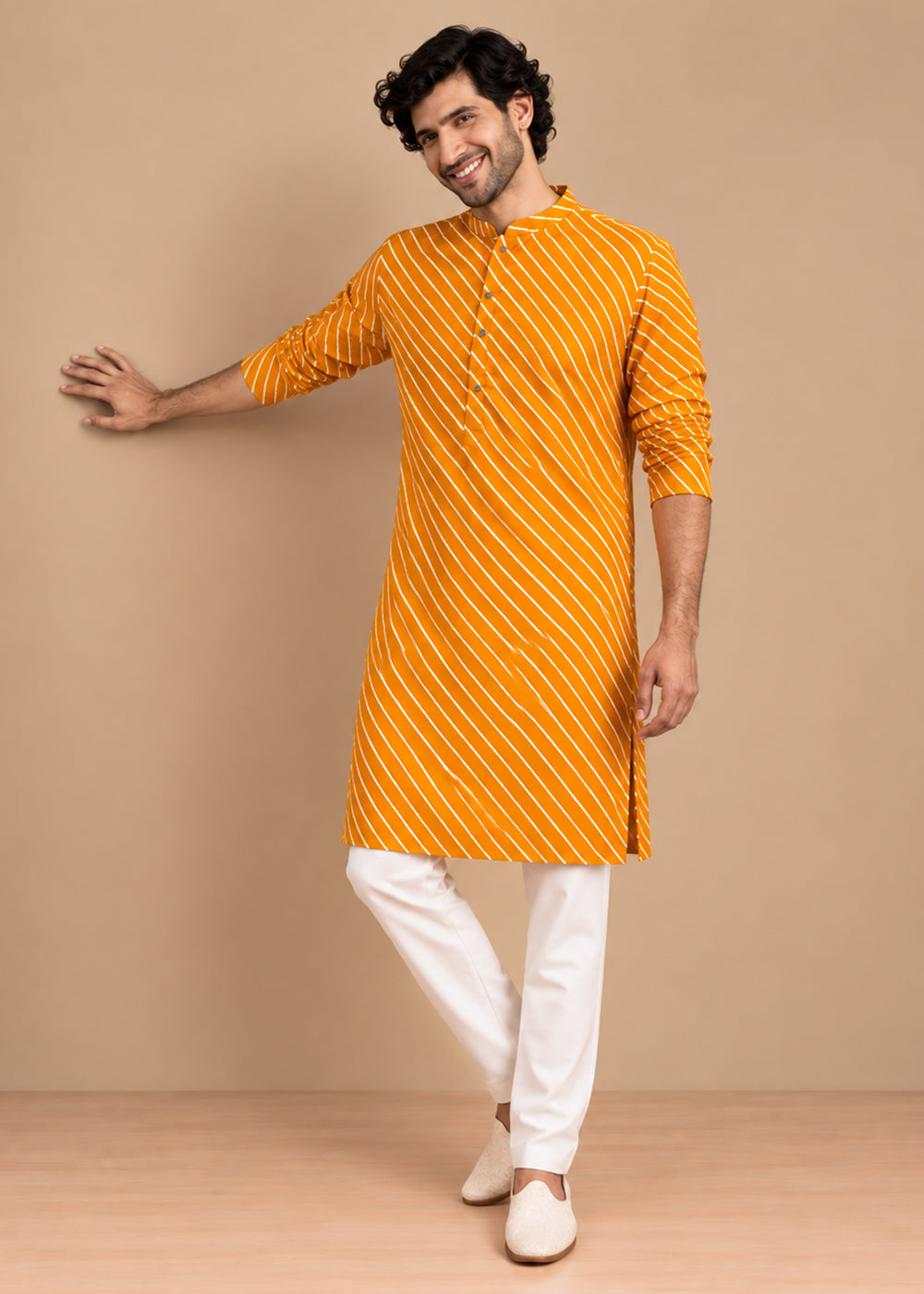 Mustard Rayon Digital Print Knee Length Kurta for Men