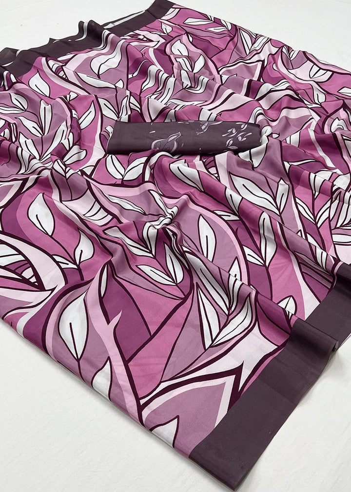 Purple & Grey Designer Printed Silk Crepe Saree