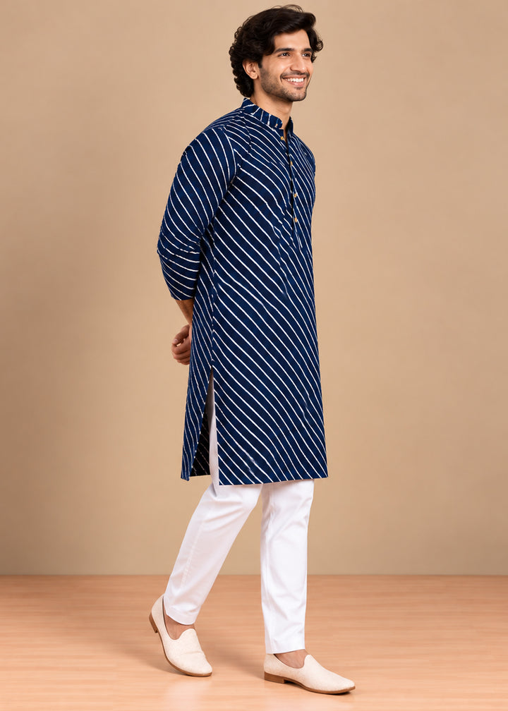 Navy Blue Rayon Digital Print Knee Length Kurta for Men