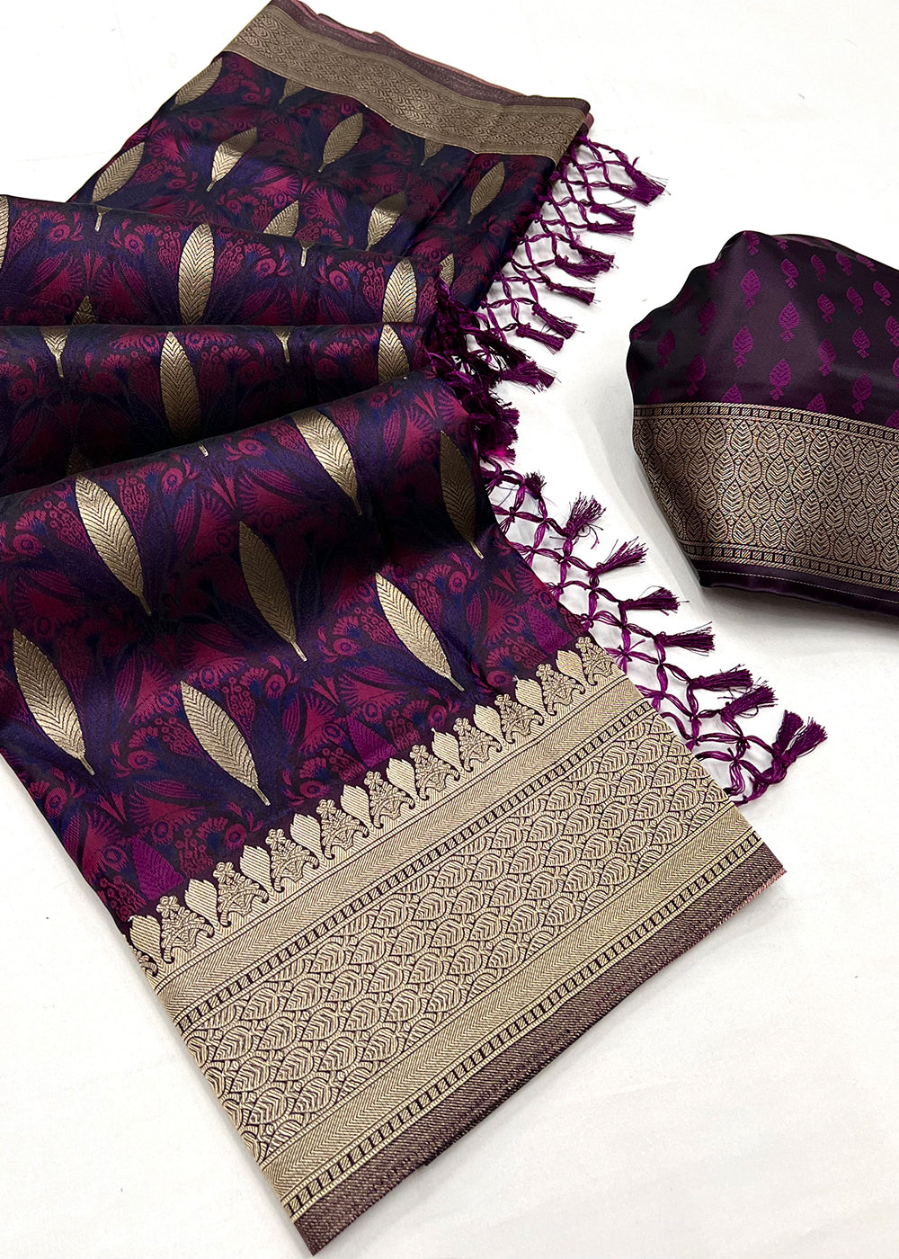 Grape Purple Handloom Satin Silk Saree Featuring Buttis All Over