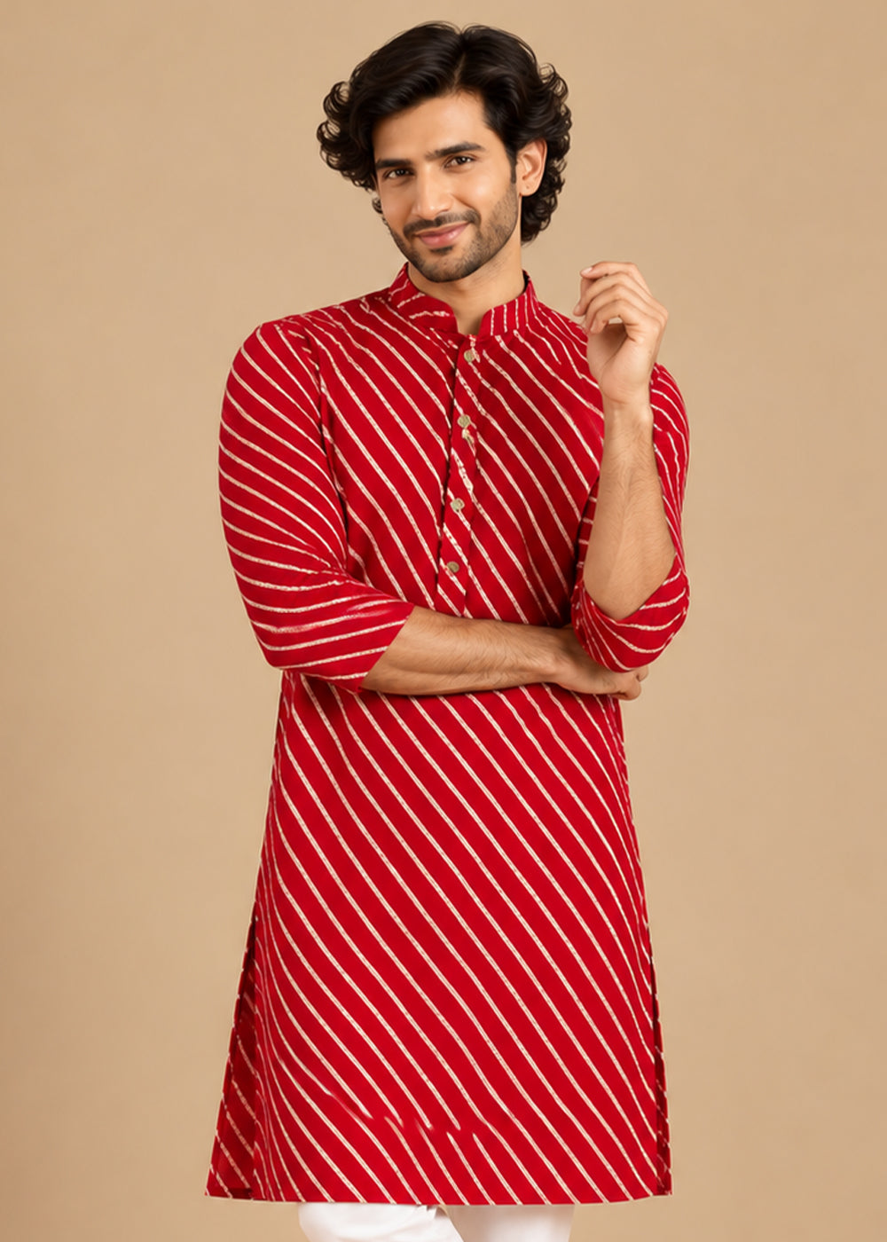 Red Rayon Digital Print Knee Length Kurta for Men