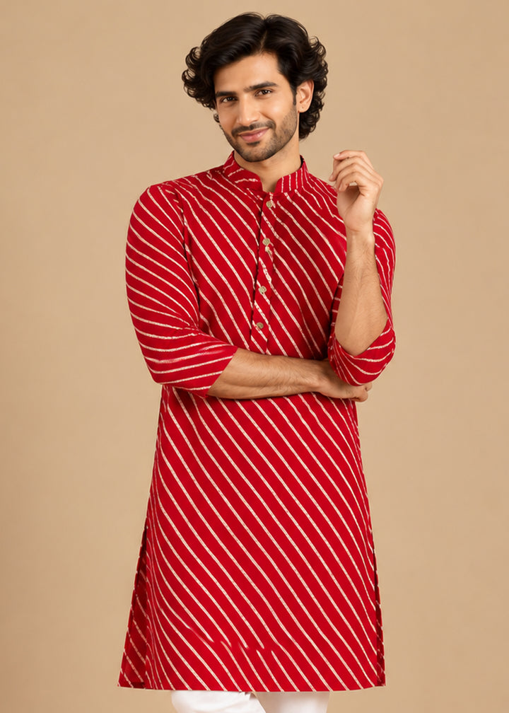 Red Rayon Digital Print Knee Length Kurta for Men