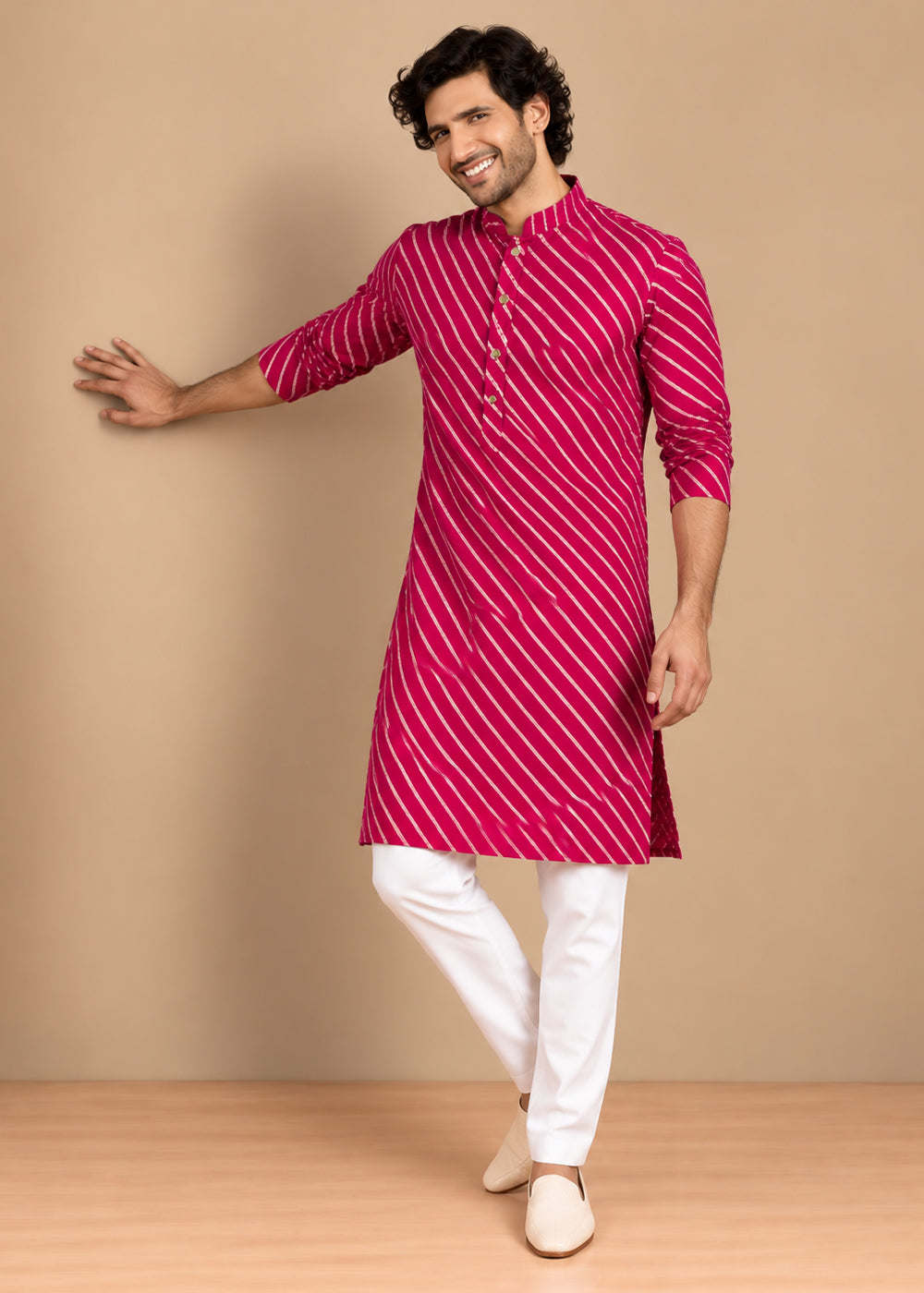Fuchsia Rayon Digital Print Knee Length Kurta for Men