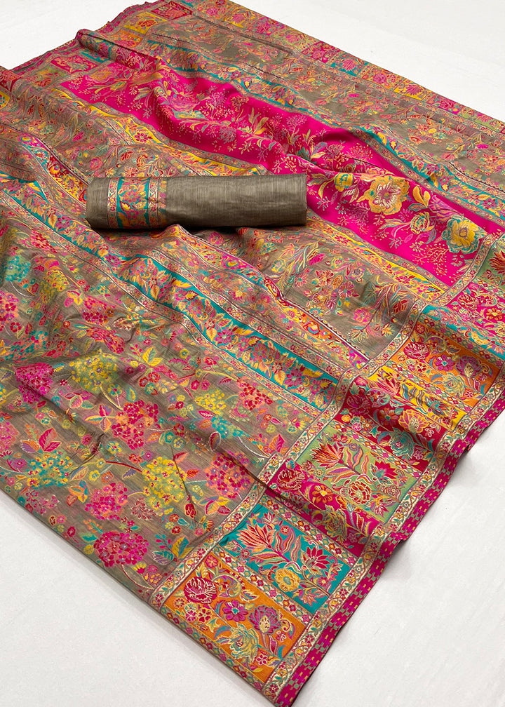 Seal Grey Banarasi Silk Saree Featuring Kashmiri Handloom Weaving