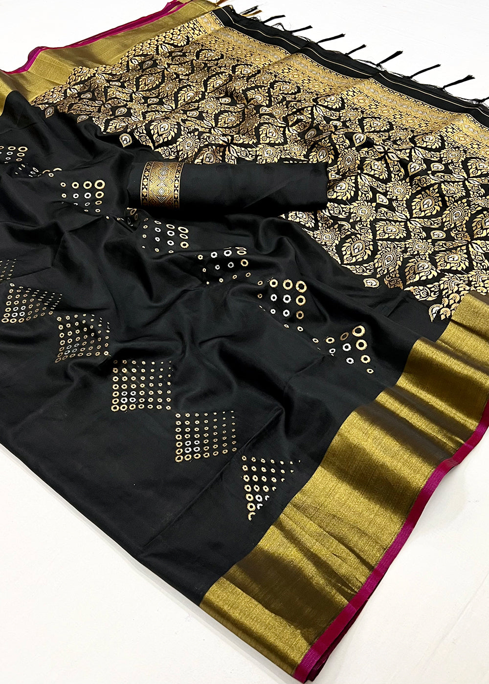 Midnight Black Handloom Satin Silk Saree - Woven to Perfection