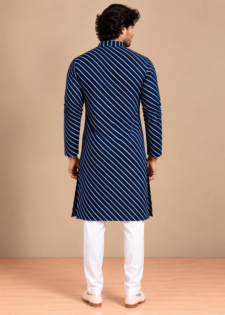 Navy Blue Rayon Digital Print Knee Length Kurta for Men