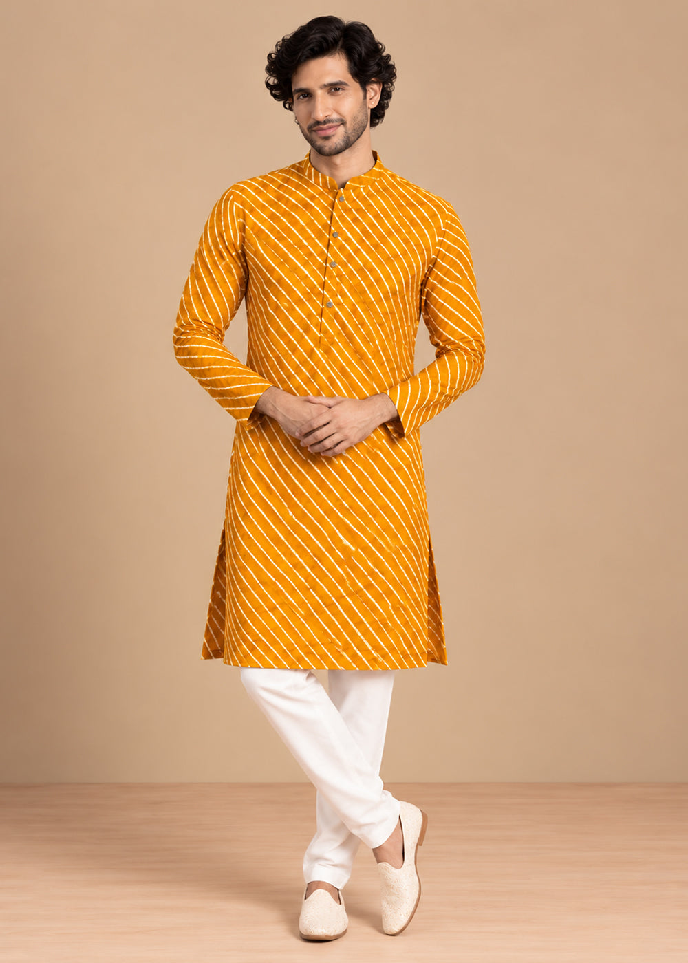 Mustard Rayon Digital Print Knee Length Kurta for Men