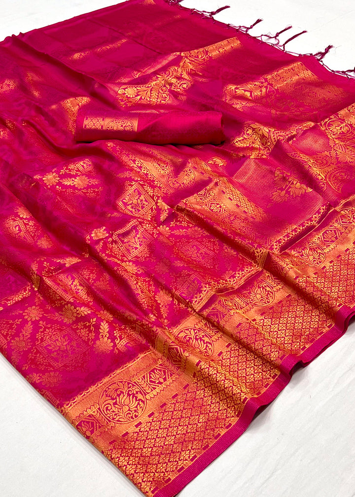 Hot Pink Dual Tone Kanjivaram Silk Saree Featuring Traditional Handloom Weave