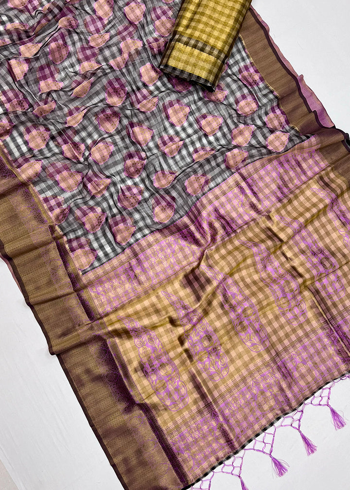 Grey & Purple Checkered Silk Saree with Zari Woven Buttas