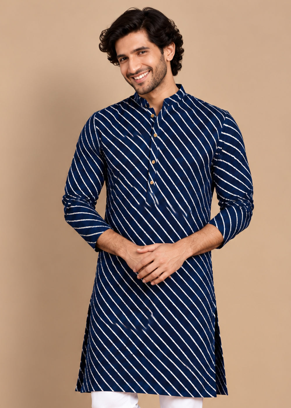 Navy Blue Rayon Digital Print Knee Length Kurta for Men