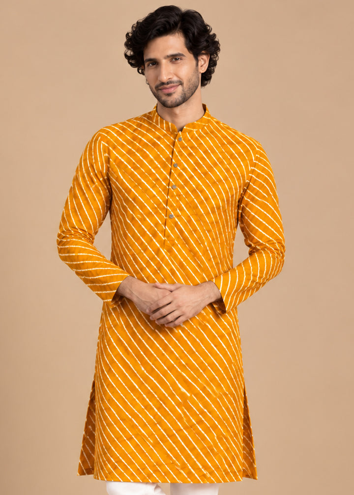 Mustard Rayon Digital Print Knee Length Kurta for Men