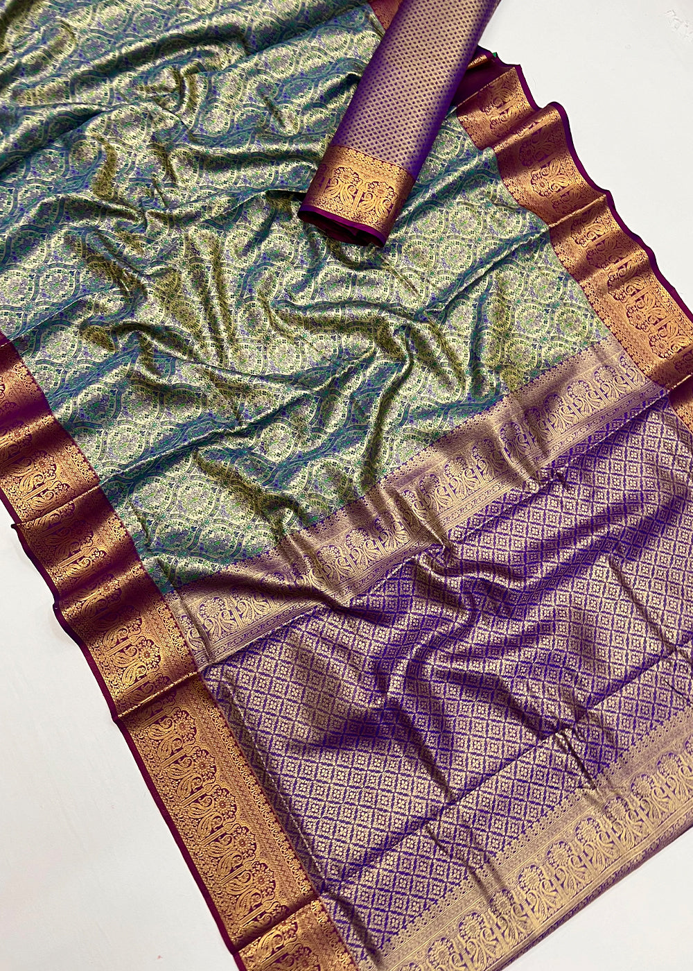 Green & Purple Two-Tone Handcrafted Kanjivaram Silk Saree