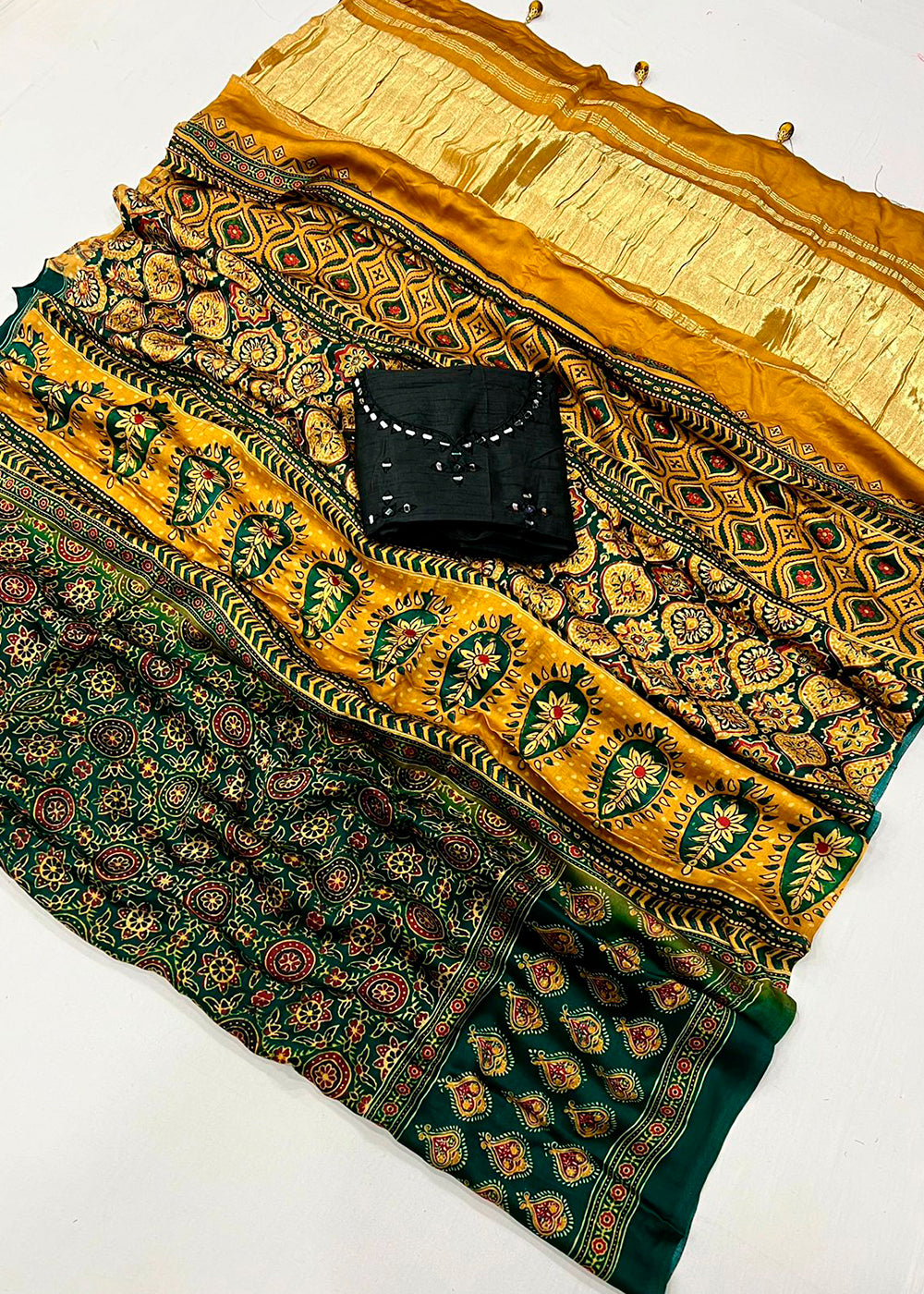 Green & Yellow Viscose Silk Saree with Ajrakh Print and Gajji Lagdi Pallu