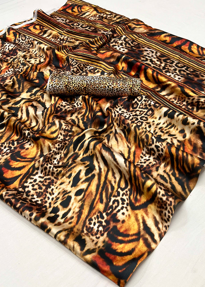 Yellow & Brown Satin Silk Saree with Shaded Digital Print Design
