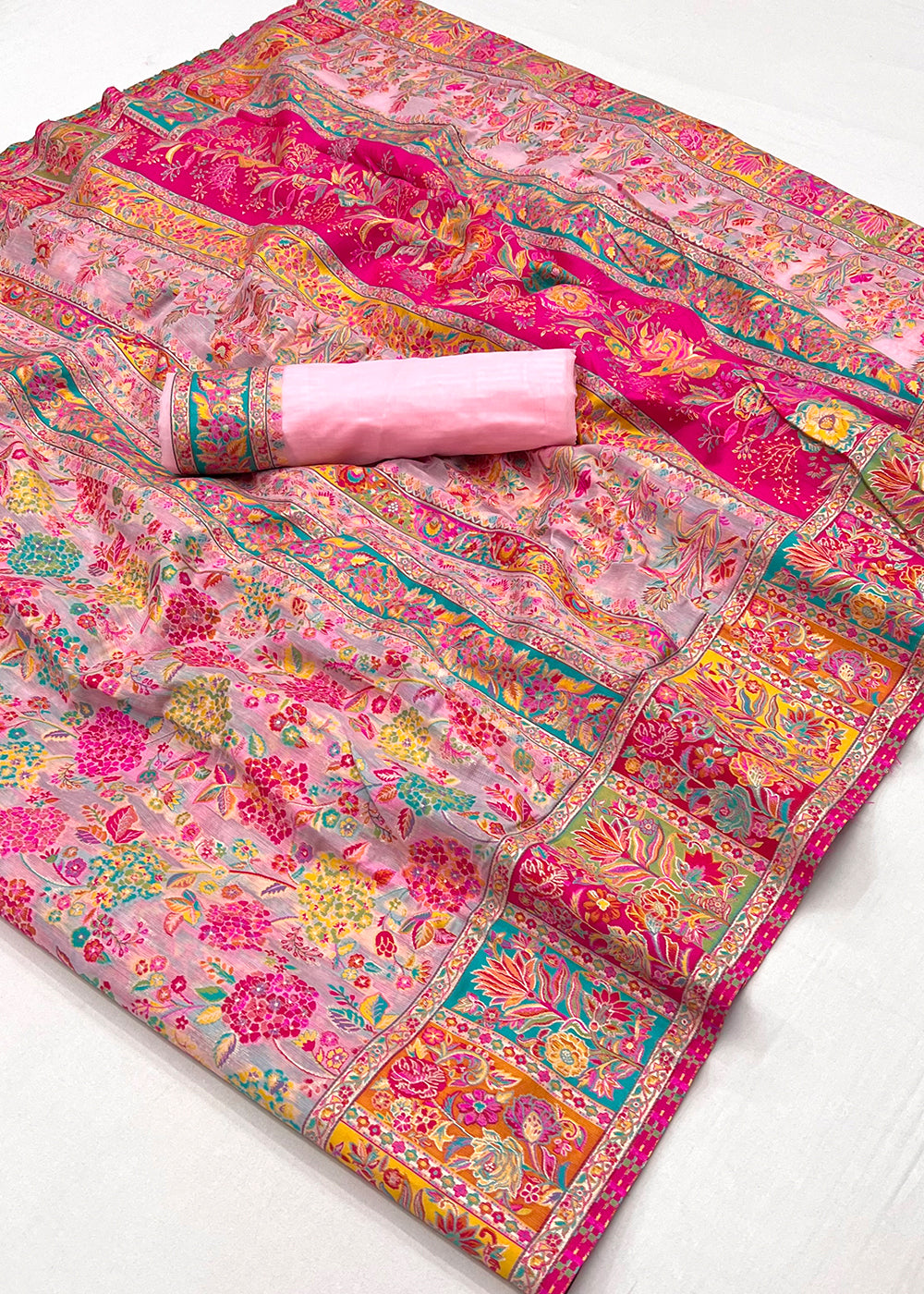 Blush Pink Banarasi Silk Saree Featuring Kashmiri Handloom Weaving