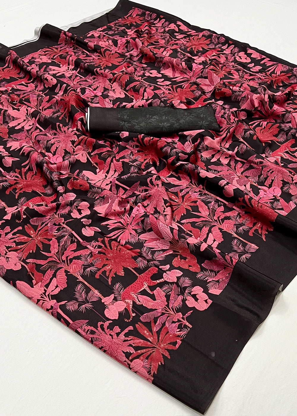 Pink & Black Designer Printed Silk Crepe Saree