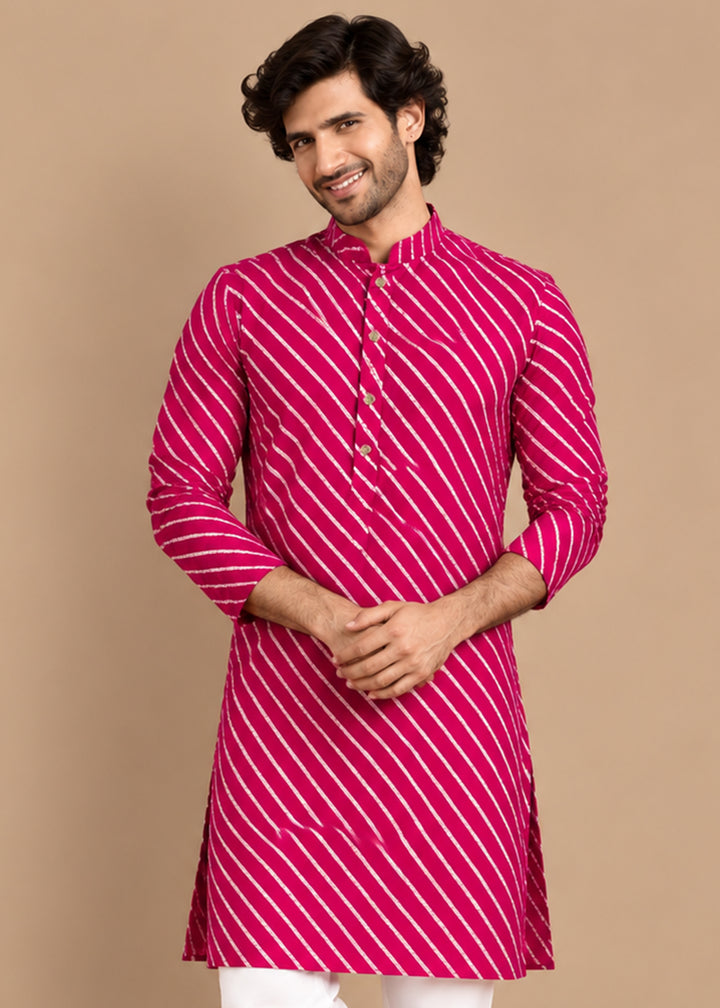 Fuchsia Rayon Digital Print Knee Length Kurta for Men
