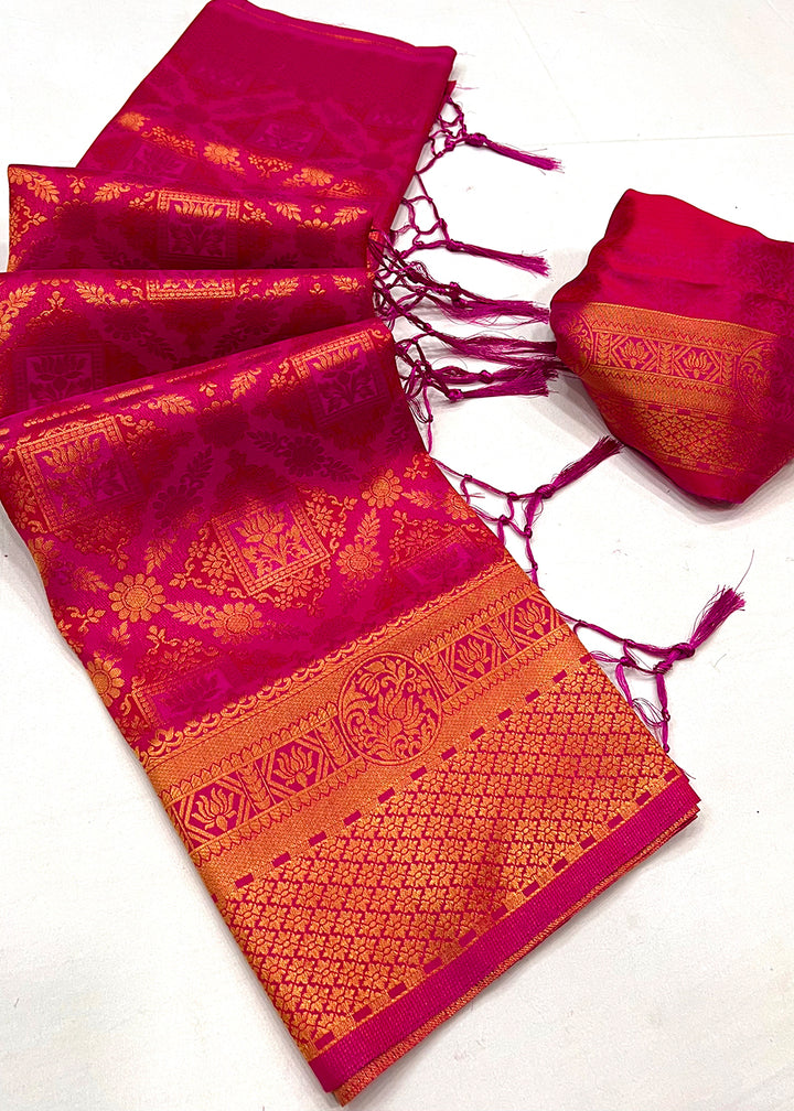 Hot Pink Dual Tone Kanjivaram Silk Saree Featuring Traditional Handloom Weave