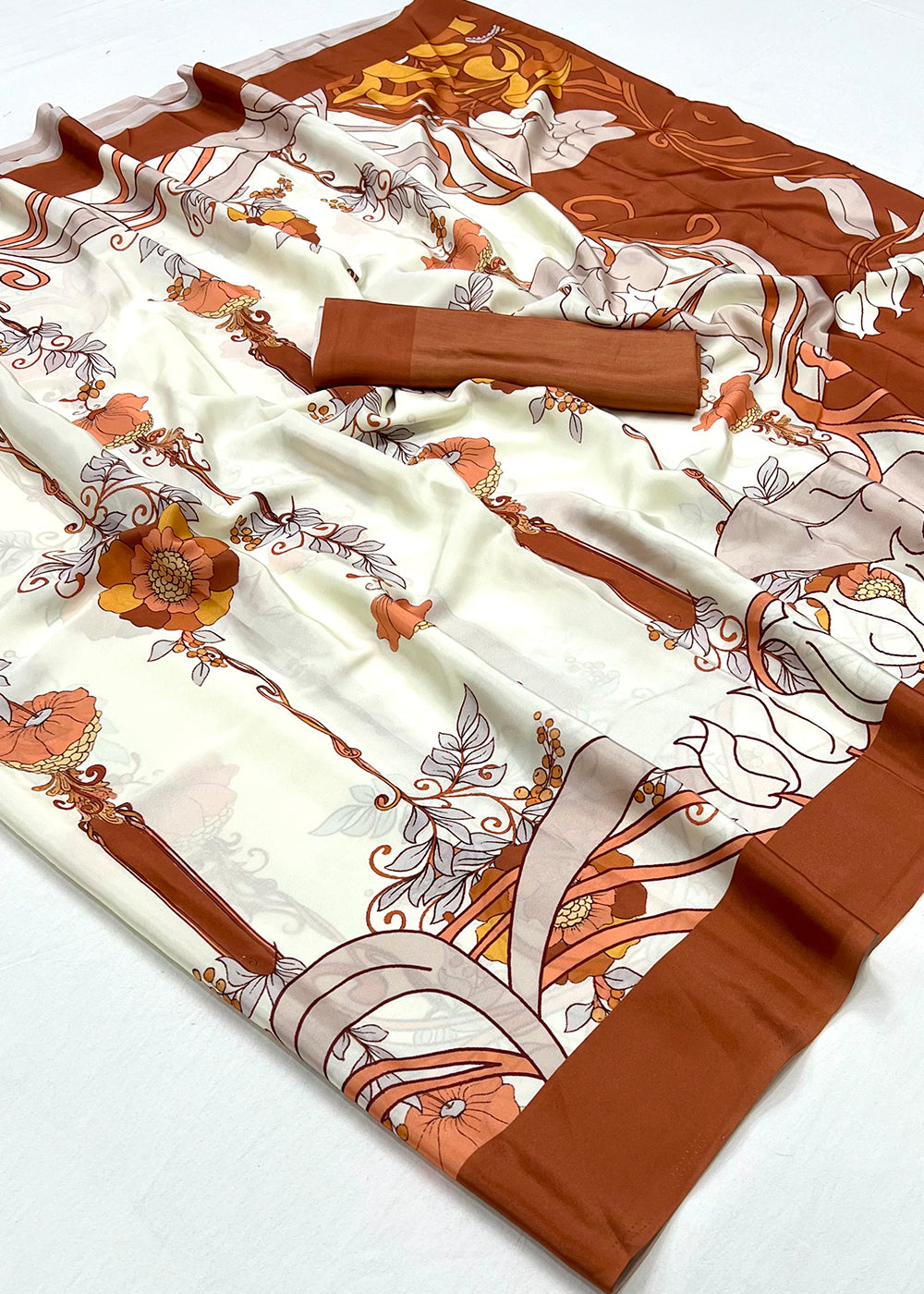 Parchment White Designer Printed Silk Crepe Saree