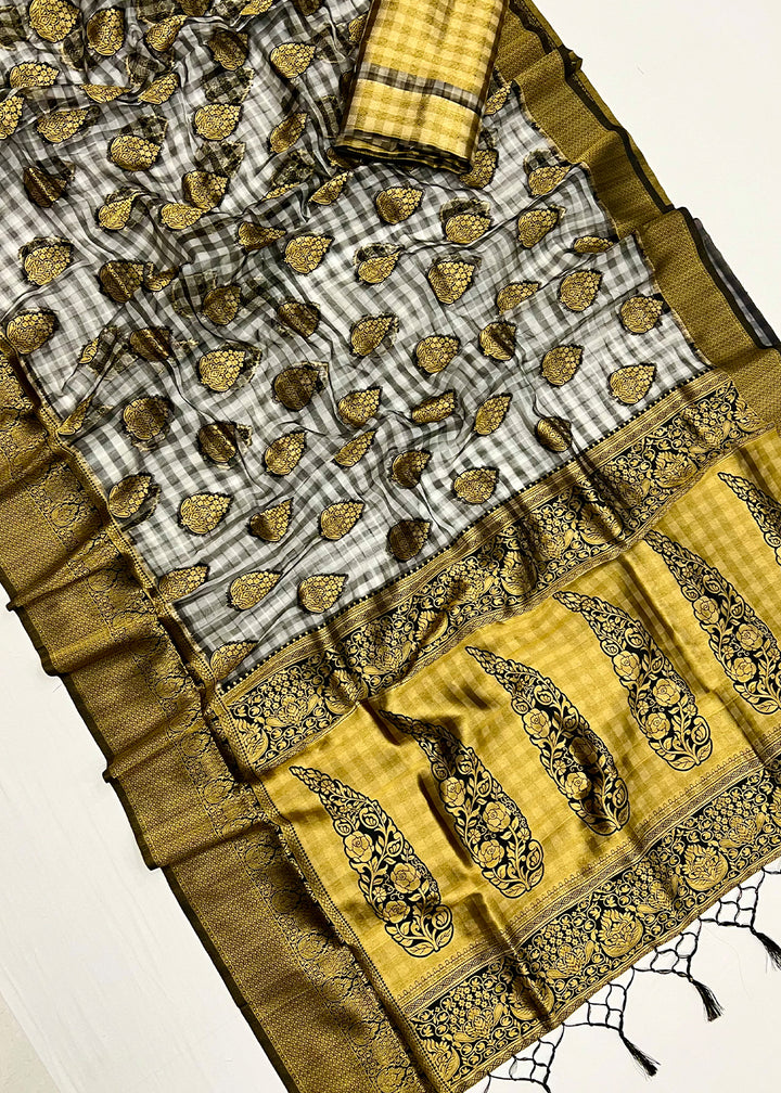 Grey & Green Checkered Silk Saree with Zari Woven Buttas