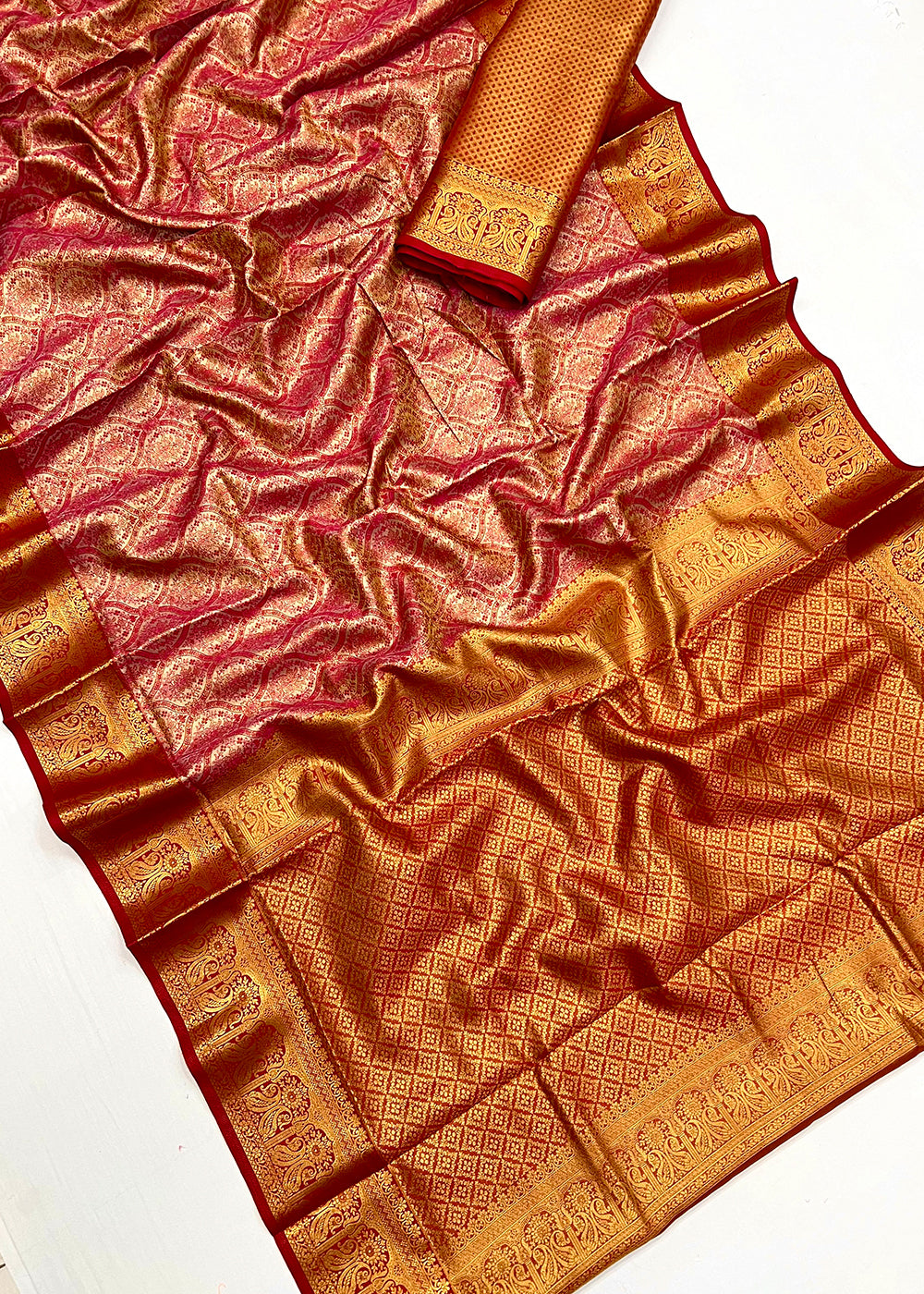 Pink & Red Two-Tone Handcrafted Kanjivaram Silk Saree