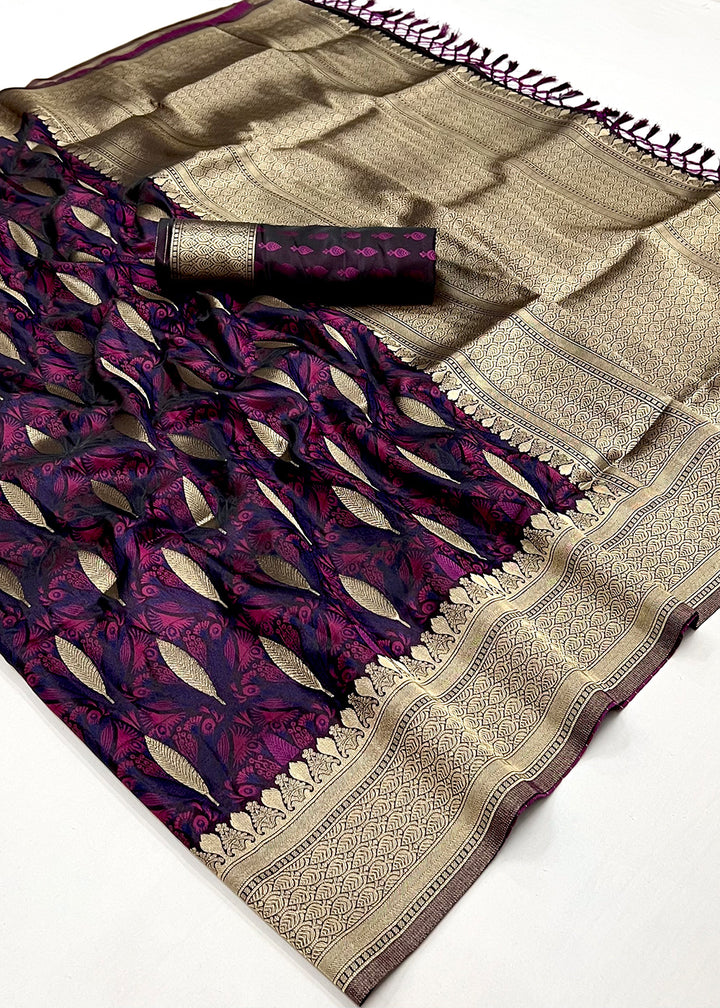 Eggplant Purple Handloom Satin Silk Saree Featuring Buttis All Over