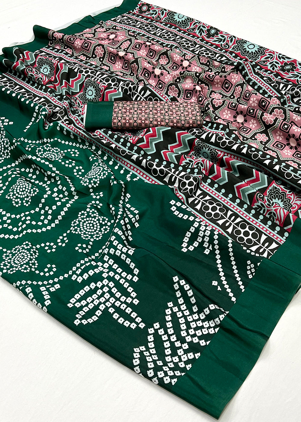 Dark Green Designer Bandhani Printed Silk Crepe Saree