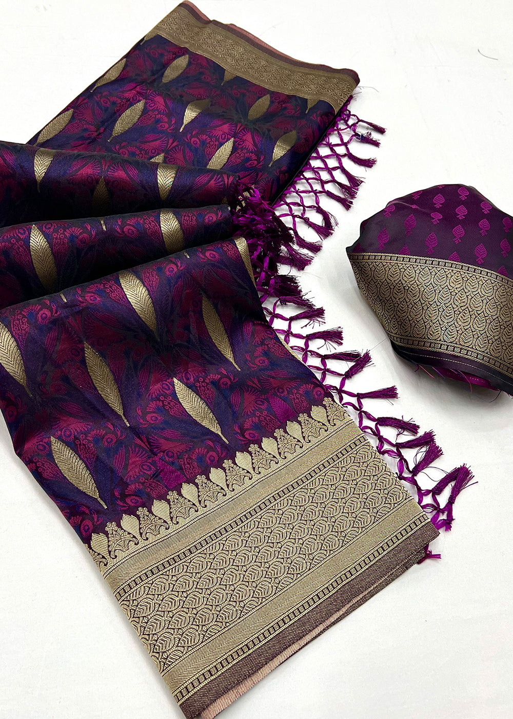 Eggplant Purple Handloom Satin Silk Saree Featuring Buttis All Over