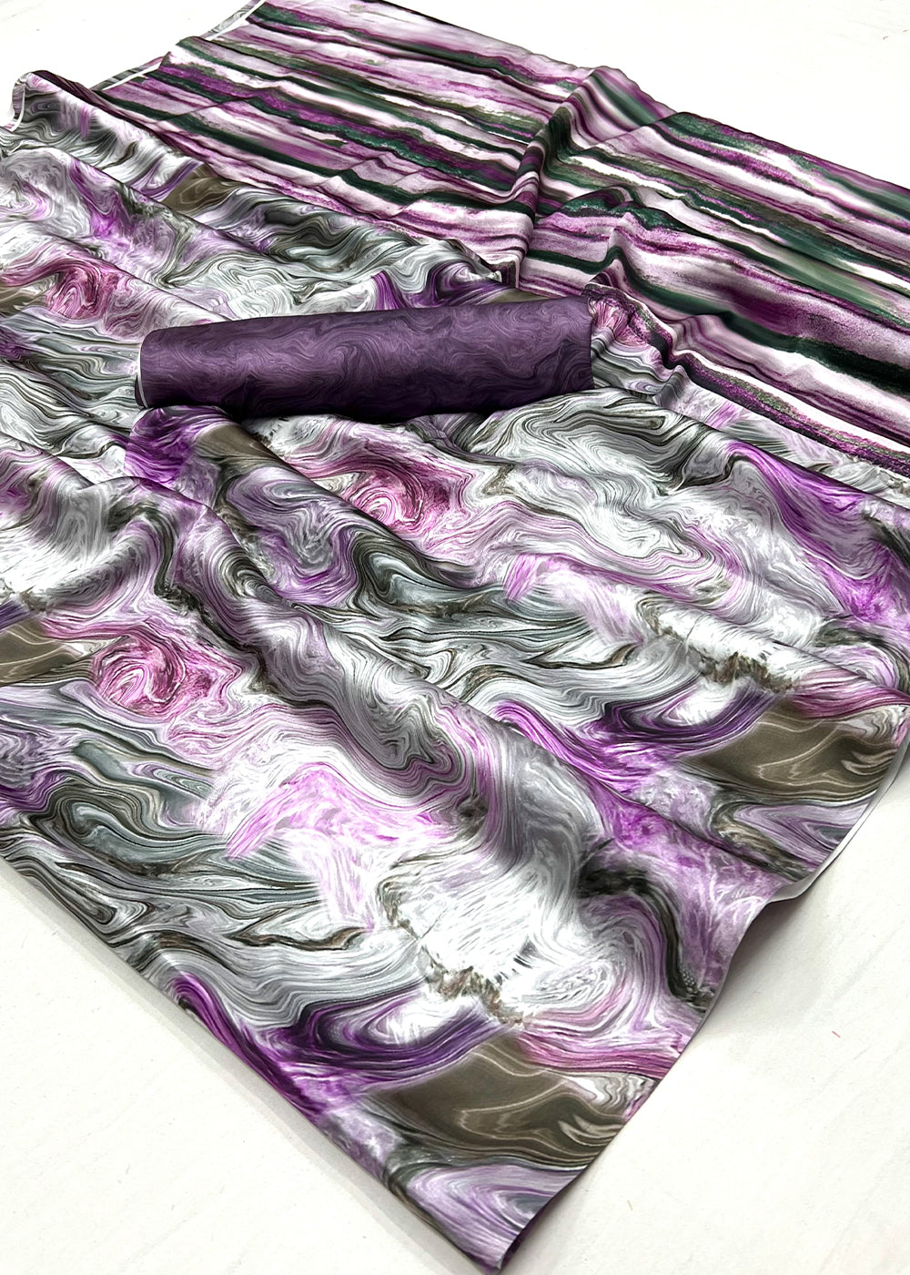 Purple & White Satin Silk Saree with Shaded Digital Print Design