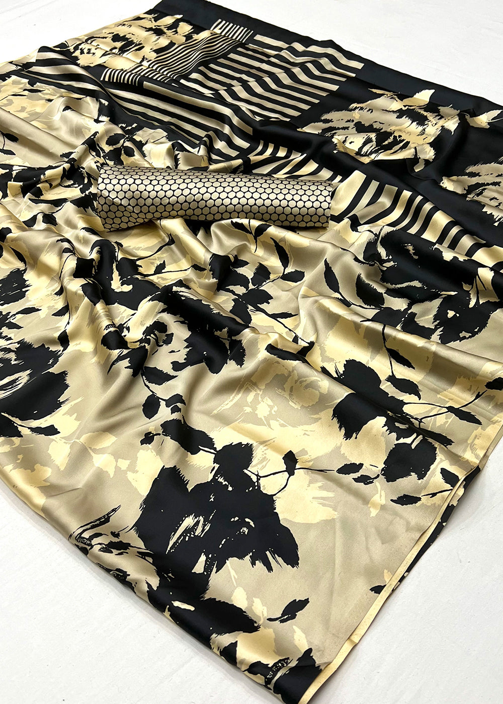 Beige Brown & Black Satin Silk Saree with Shaded Digital Print Design